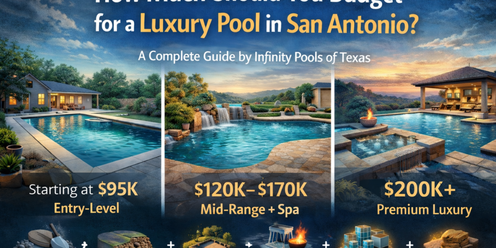 Luxury pool cost guide in San Antonio showing three custom pool tiers by Infinity Pools of Texas: entry-level pools starting at $95K, mid-range pools with spa features from $120K to $170K, and premium luxury pools starting at $200K+, with design elements reflecting materials, features, and outdoor living upgrades.