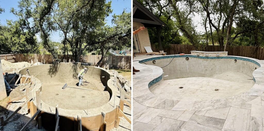 Before and after custom luxury pool construction showing excavation phase and finished pool structure with premium stone decking by Infinity Pools Texas